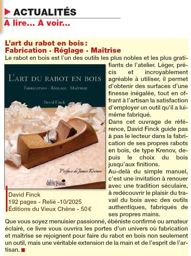 Article du magazine Couleurs Bois n°142 présentant le livre L’art du rabot en bois de David Finck publié en 2025 aux éditions du Vieux Chêne